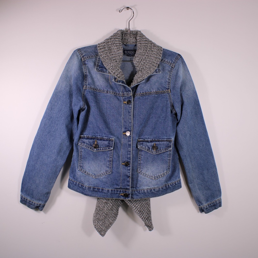 Ci Sono Denim Jacket Women M Blue Faded Scarf Insert Preppy Jean Trucker Utility